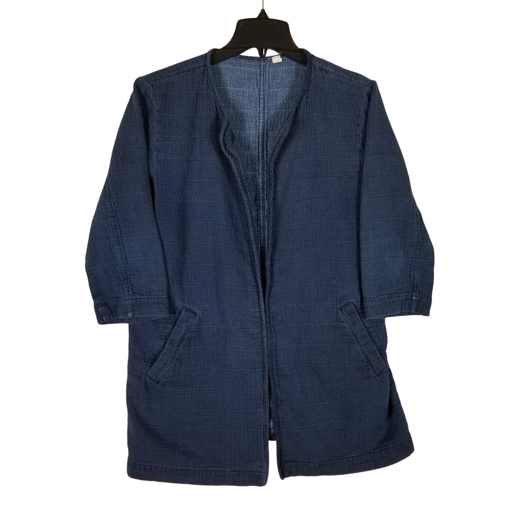 Eileen Fisher Jacket Womens Medium Blue Cotton Textured Open Front 3/4 Sleeve B3